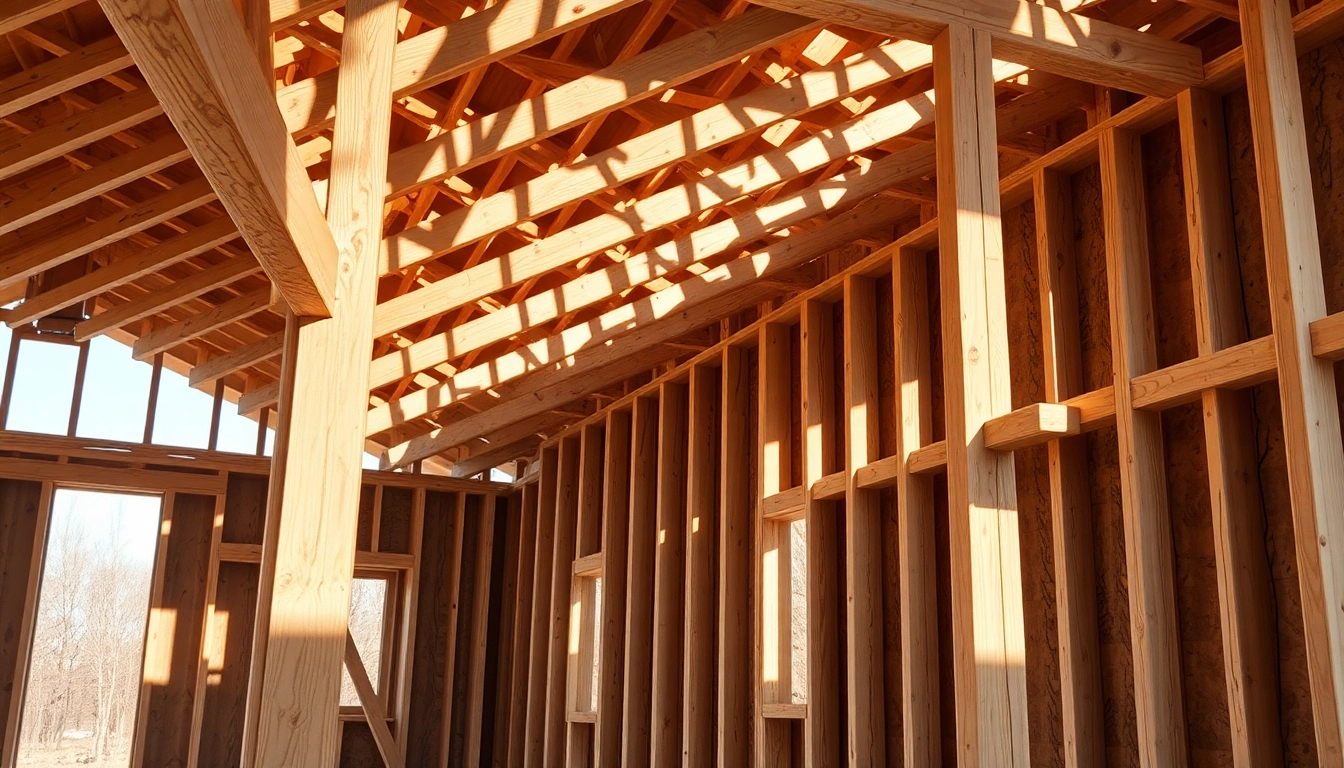 Professional framing services in action, showcasing sturdy wood support structures in residential construction, emphasizing quality craftsmanship and precision.