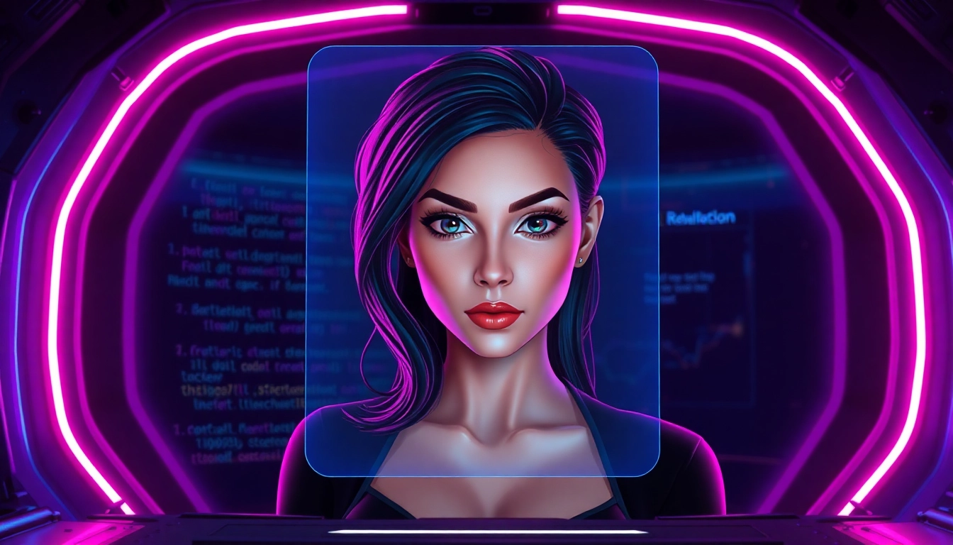 Futuristic AI adult chat interface with a seductive digital character and neon accents.