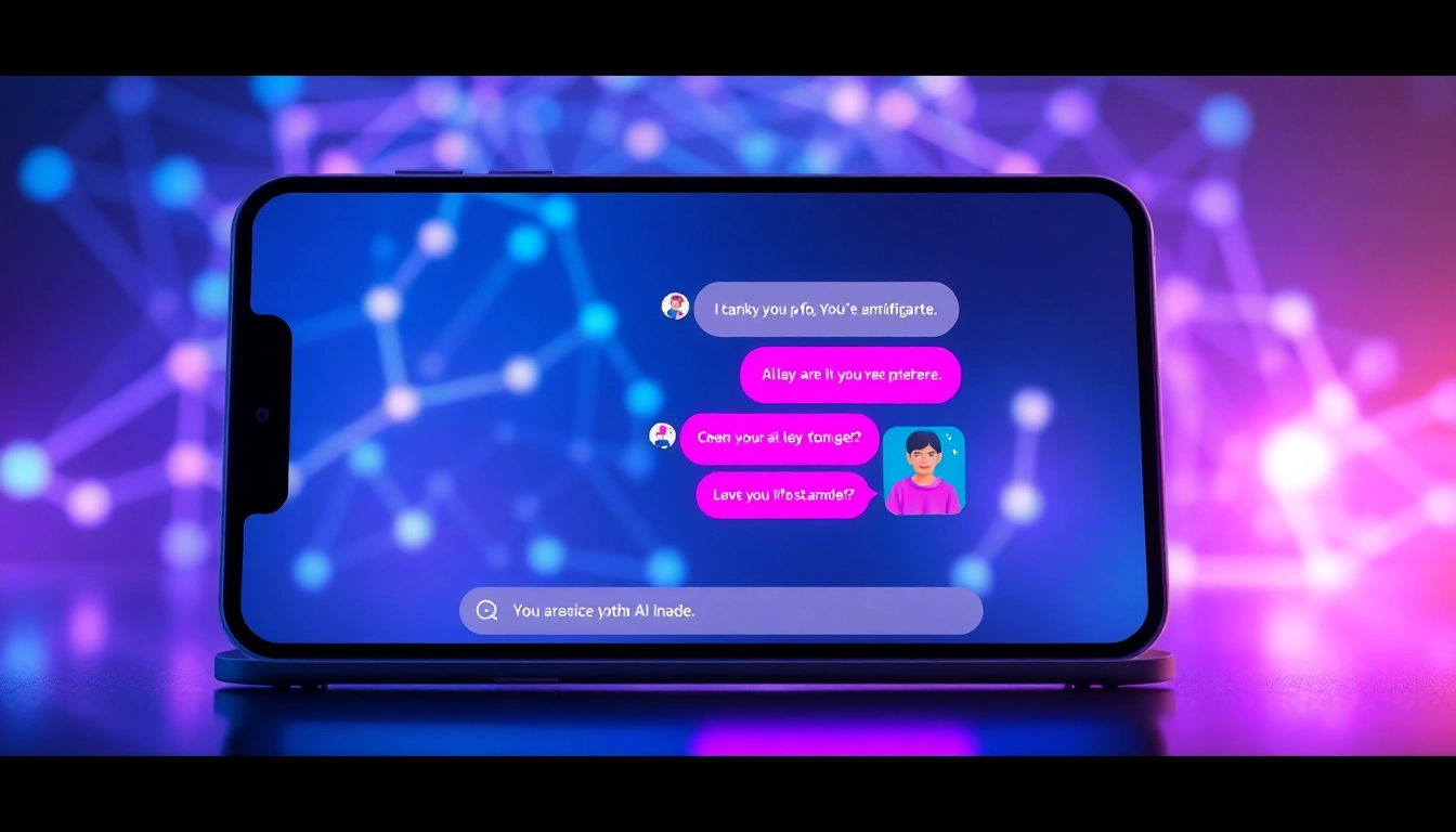 Futuristic AI chat interface on a sleek device with glowing neural network background