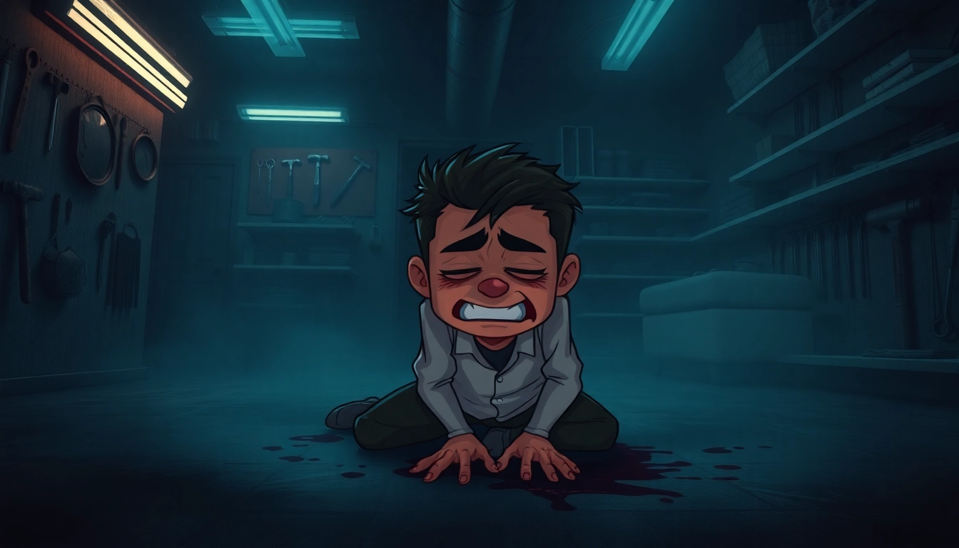 A distressed cartoon character named Harvey suffering as unsettling tools loom in a dark room, creating a tense, horror atmosphere.