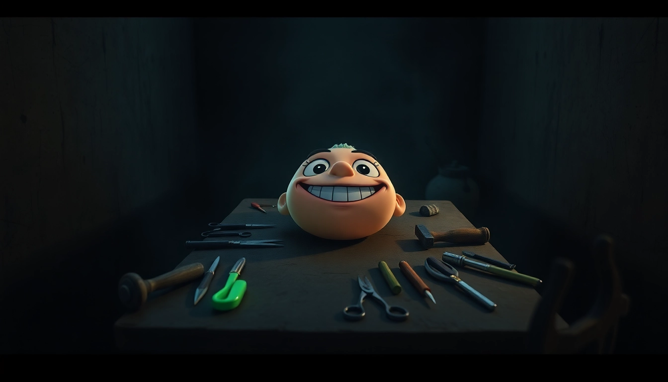 A disturbing scene of Harvey, a cheerful cartoon character, in a dark room surrounded by violent tools, evoking moral conflict and horror.