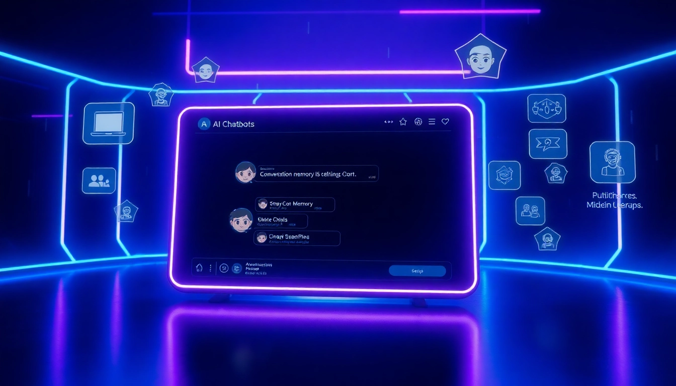 Futuristic AI chatbot interface on a high-tech screen with holographic elements and customizable characters