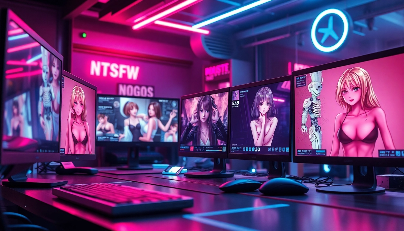 Futuristic digital workspace showcasing hyper-realistic NSFW images and videos on multiple screens with vibrant neon lighting