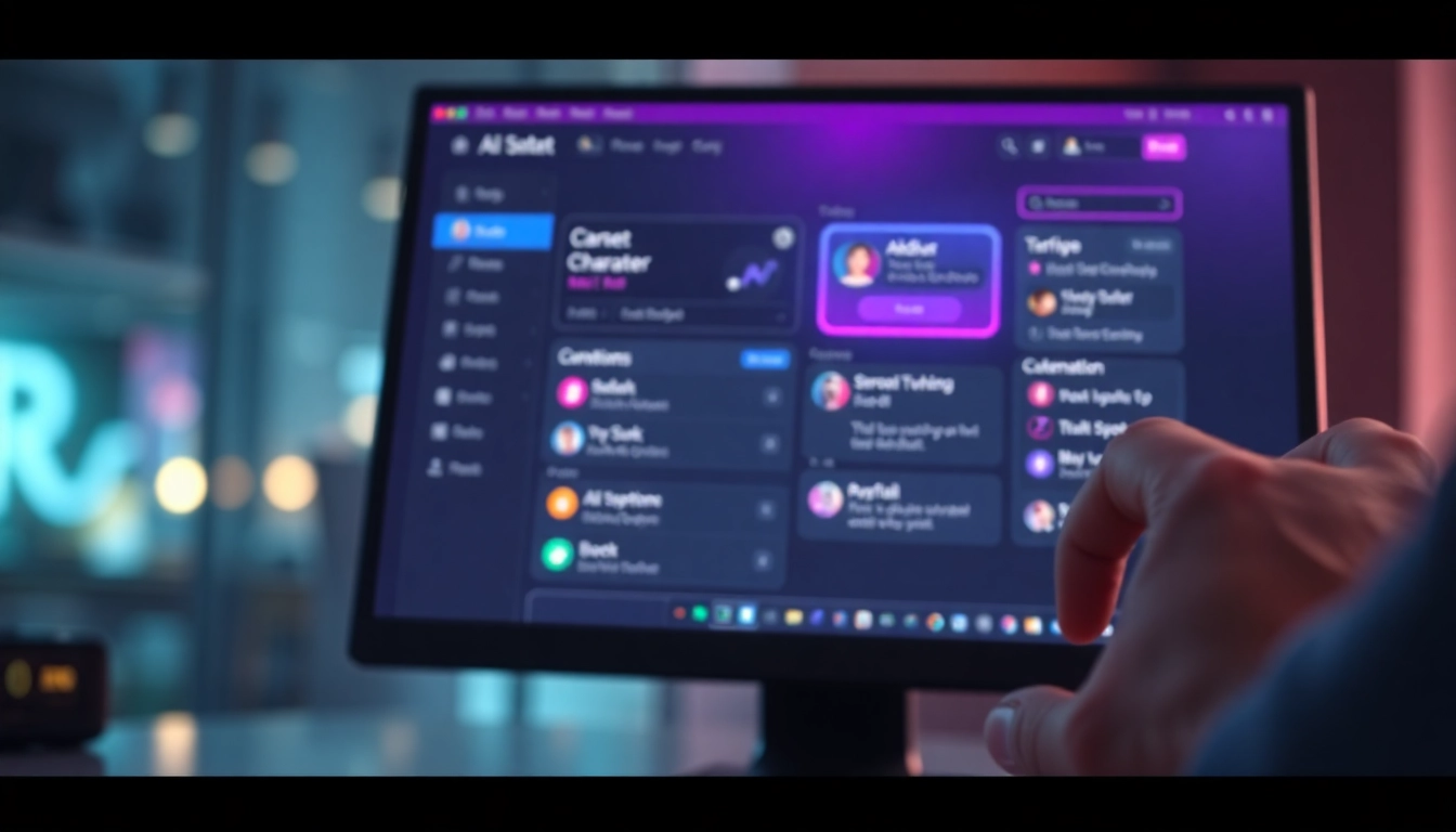 Close-up of a futuristic AI chatbot platform interface with neon accents on a computer screen, showing character customization options.