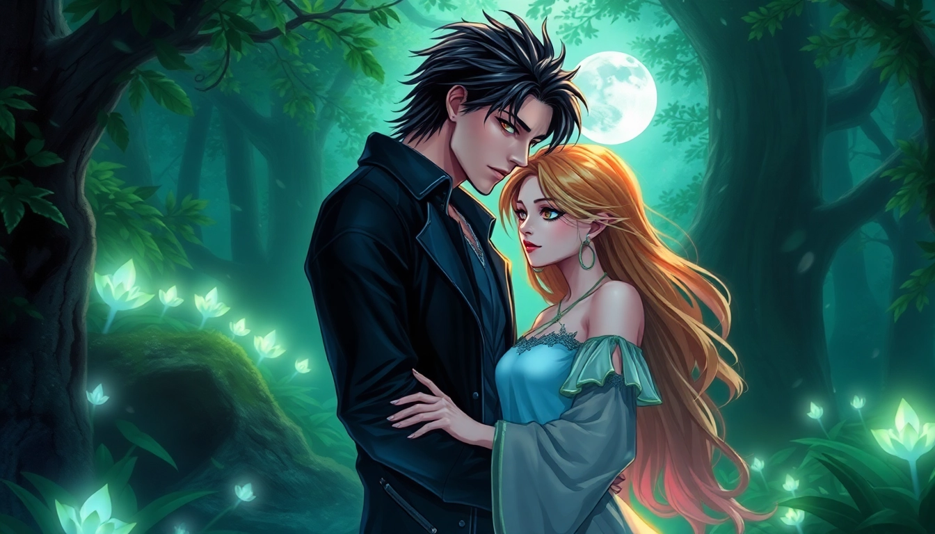 An alpha and omega character in a mystical forest with glowing plants and moonlight, depicting fantasy elements of the omegaverse.