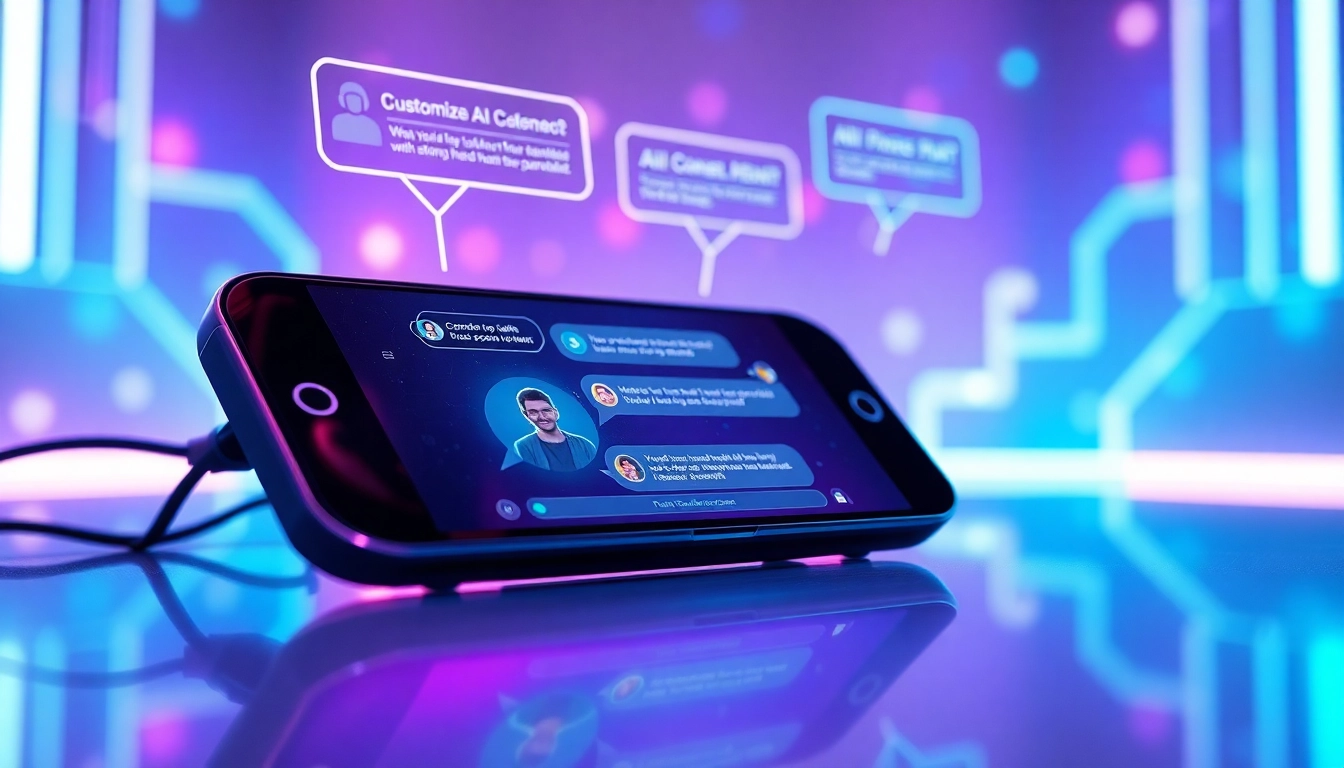 Futuristic digital chat interface with neon accents and holographic speech bubbles representing AI conversation