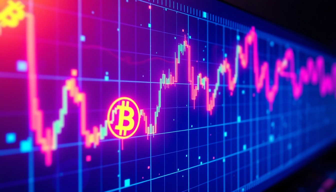 Cryptocurrency Trading News updates with digital coin graphics and market charts in a modern setting